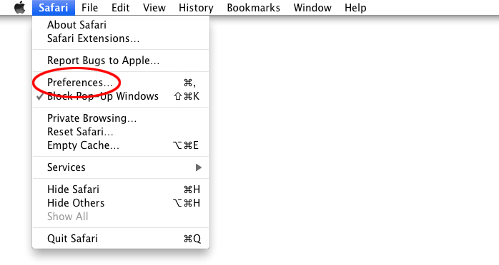 Open the Safari and select "Preferences" menu to open the Preferences window.